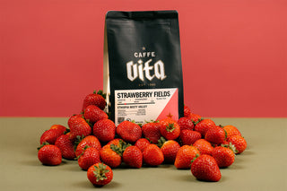 12oz bag of Strawberry Fields front, surrounded by strawberries with pink and olive background
