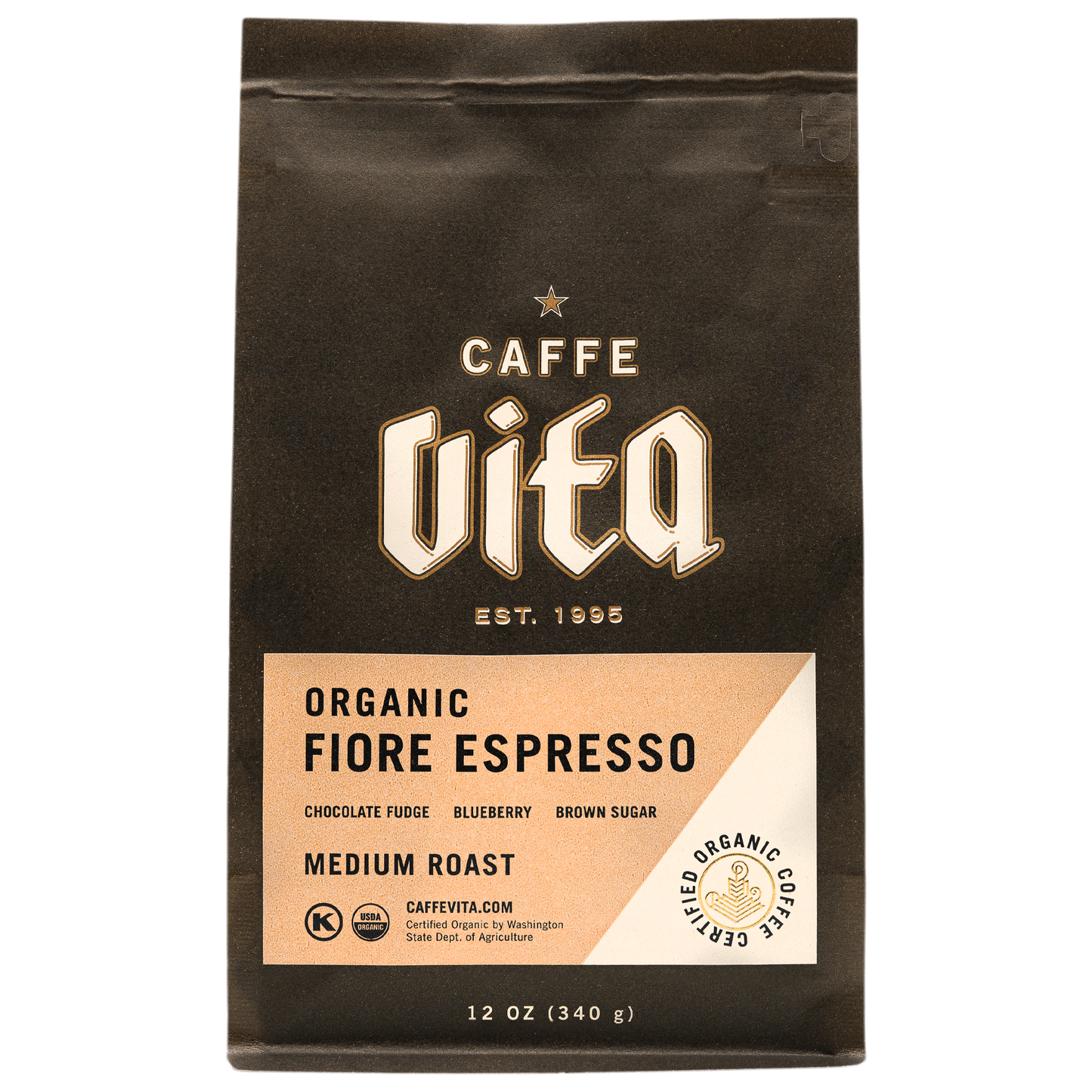 Front, 12oz Organic Fiore Espresso bag with tan label.