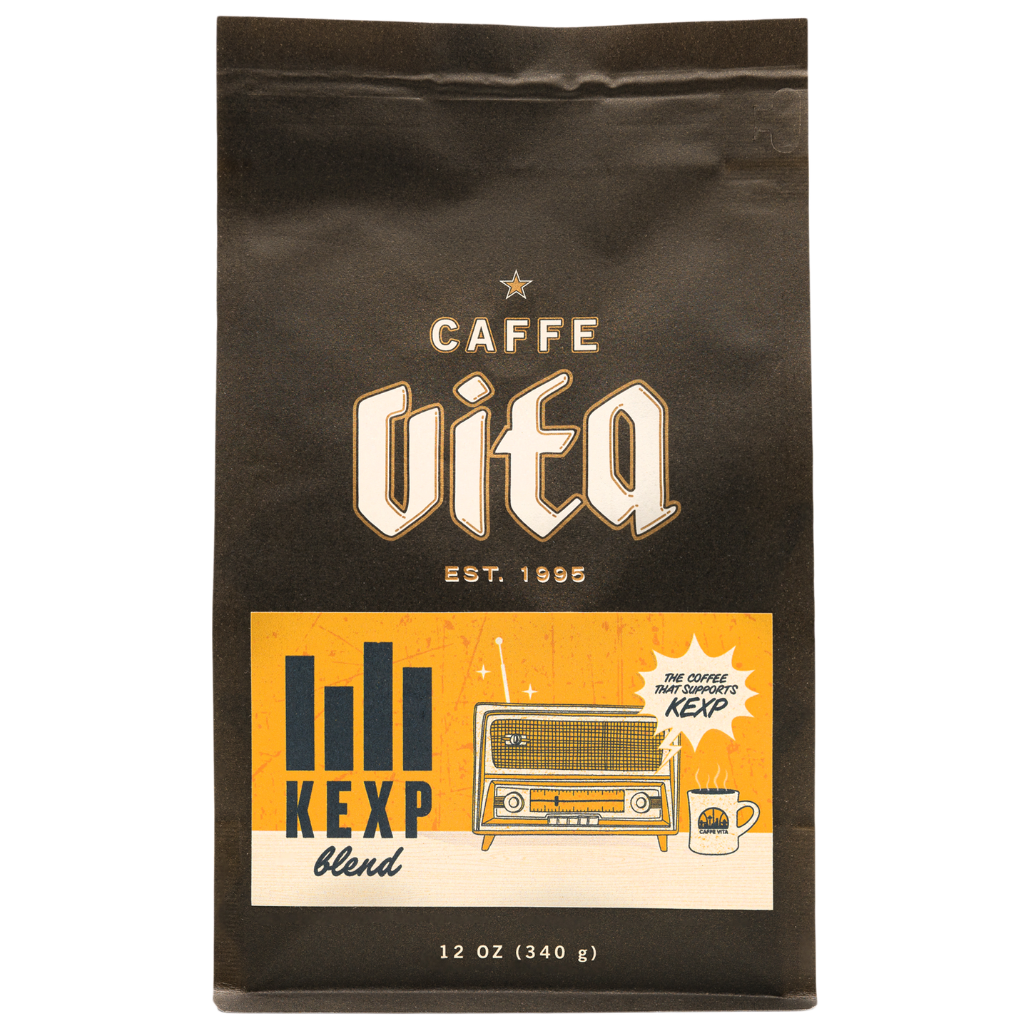 Front, 12oz KEXP Blend bag with custom label.