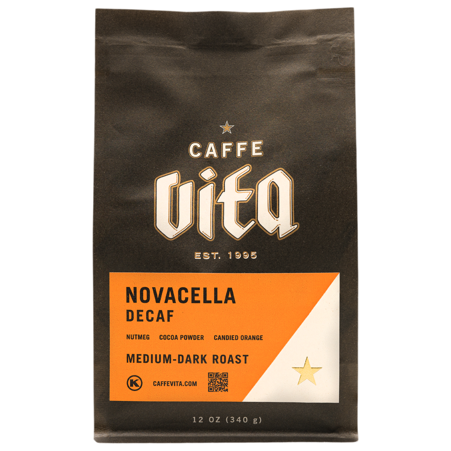 Front, 12oz Novacella Decaf bag with orange label. 