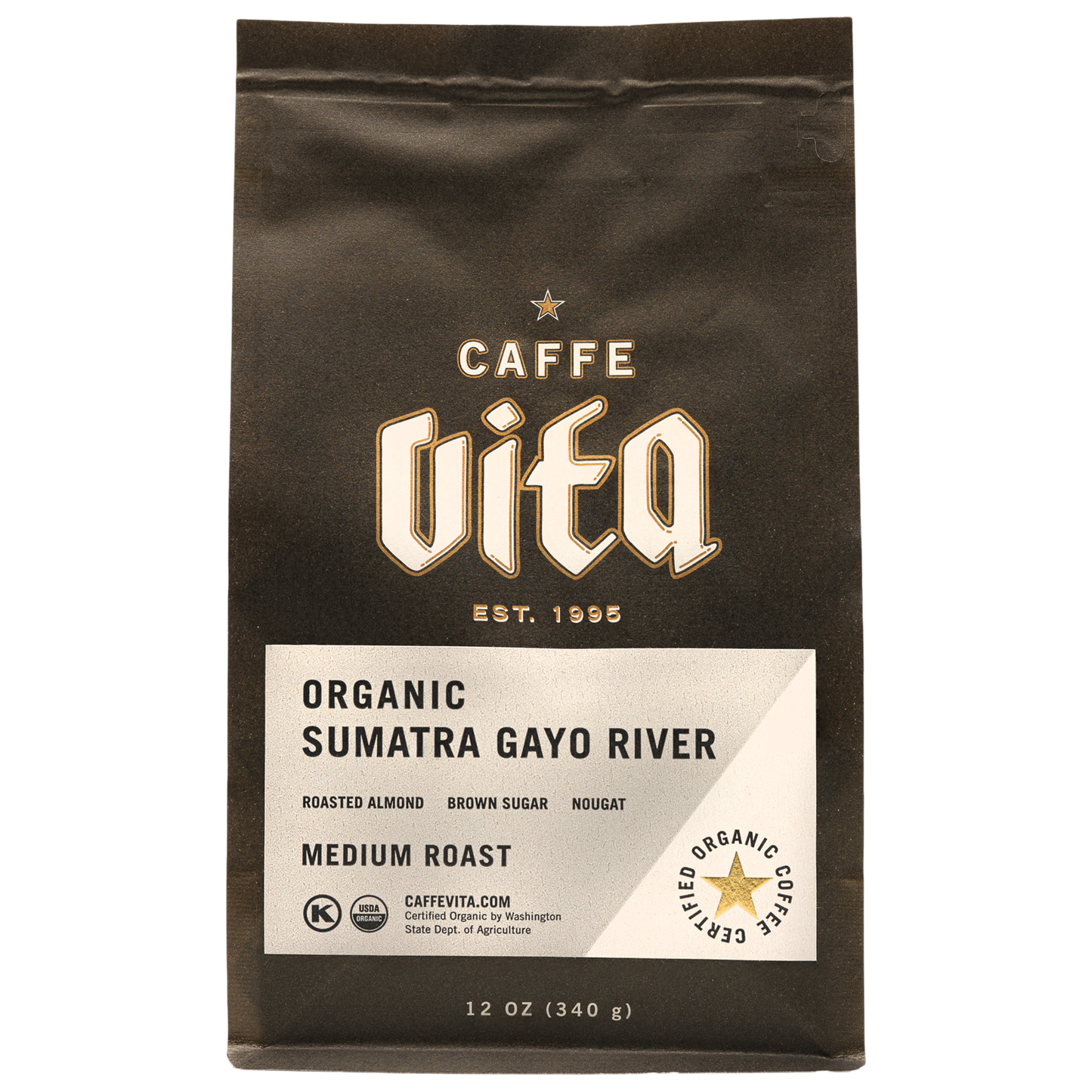 Front, 12oz Sumatra Gayo River bag with gray label.