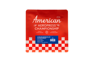 Red package with 'American Aeropress Championship' text on a white background