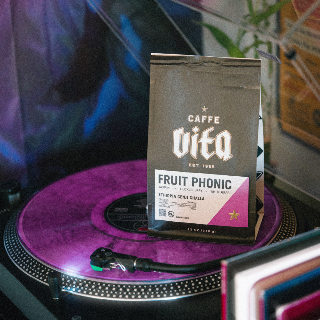 Image: 12oz Fruit Phonic bag on purple record.