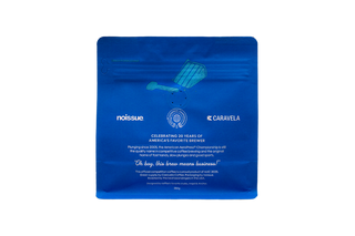 Blue package with branding on a white background