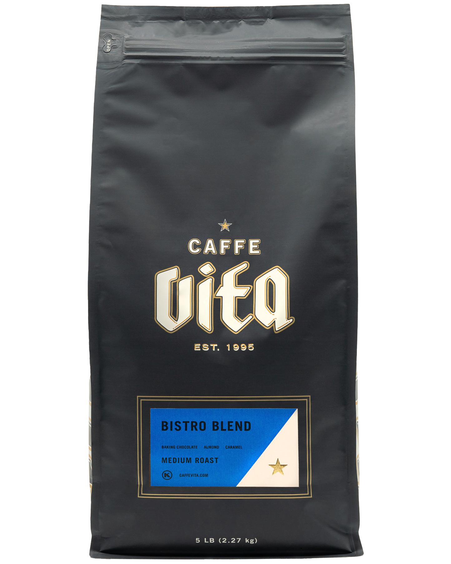 Front, 5lb Bistro Blend bag w blue label.