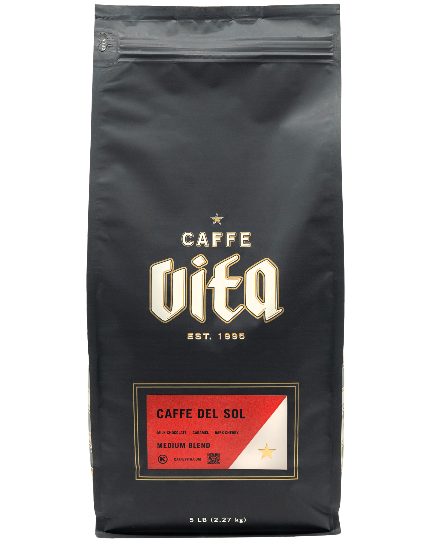 Front, 5lb Caffe Del Sol bag w red label.