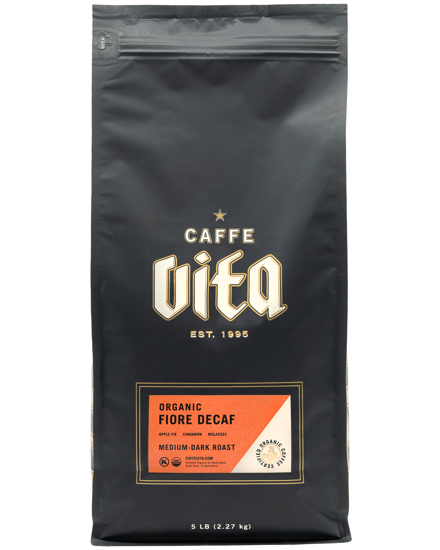 Front, 5lb Organic Fiore Decaf bag with orange label. 