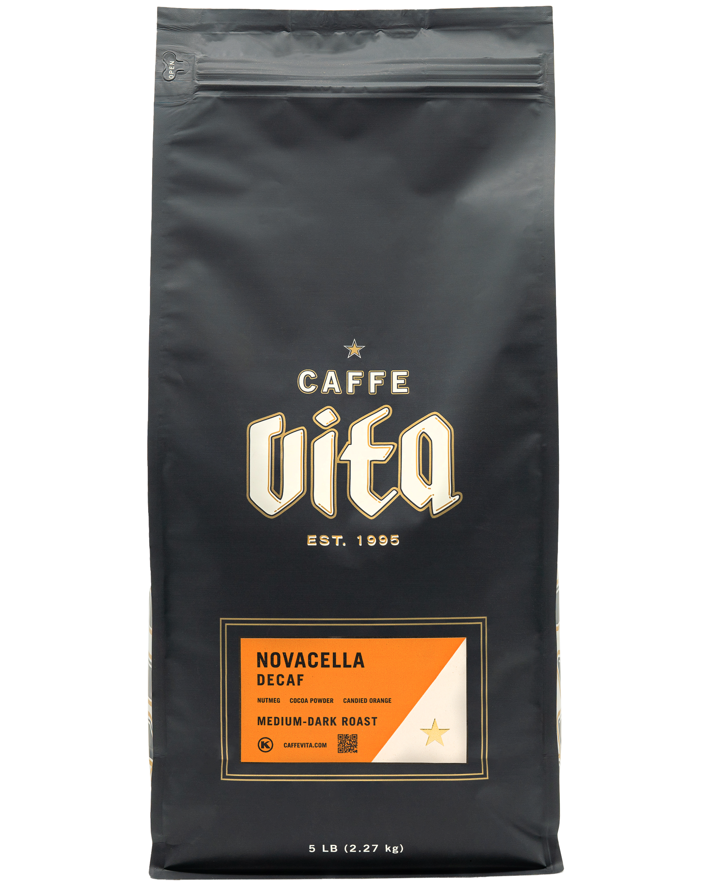 Front, 5lb Novacella Decaf bag with orange label.