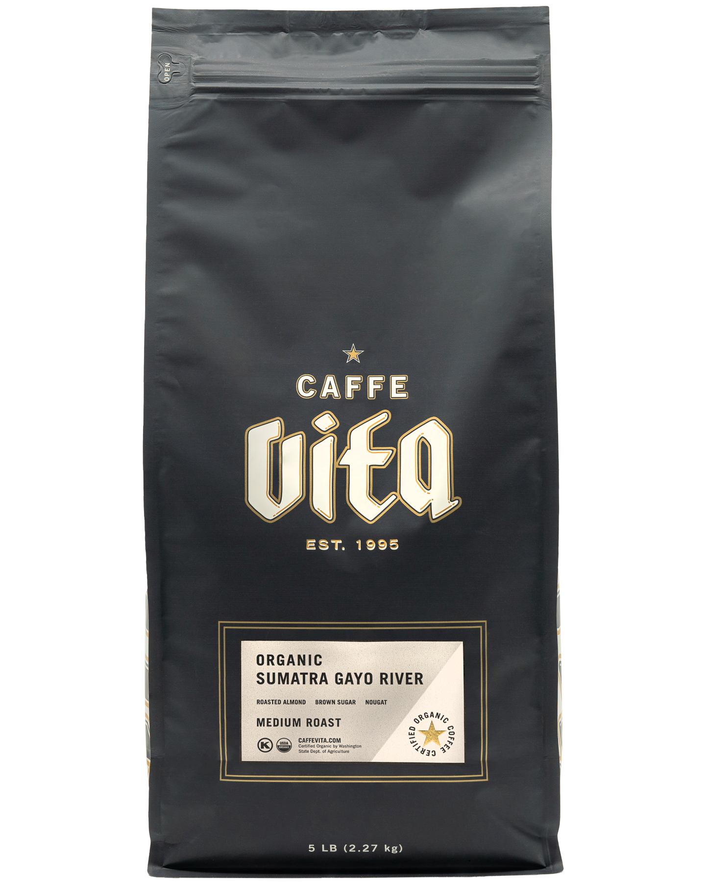 Front, 5lb Sumatra Gayo River bag with gray label.