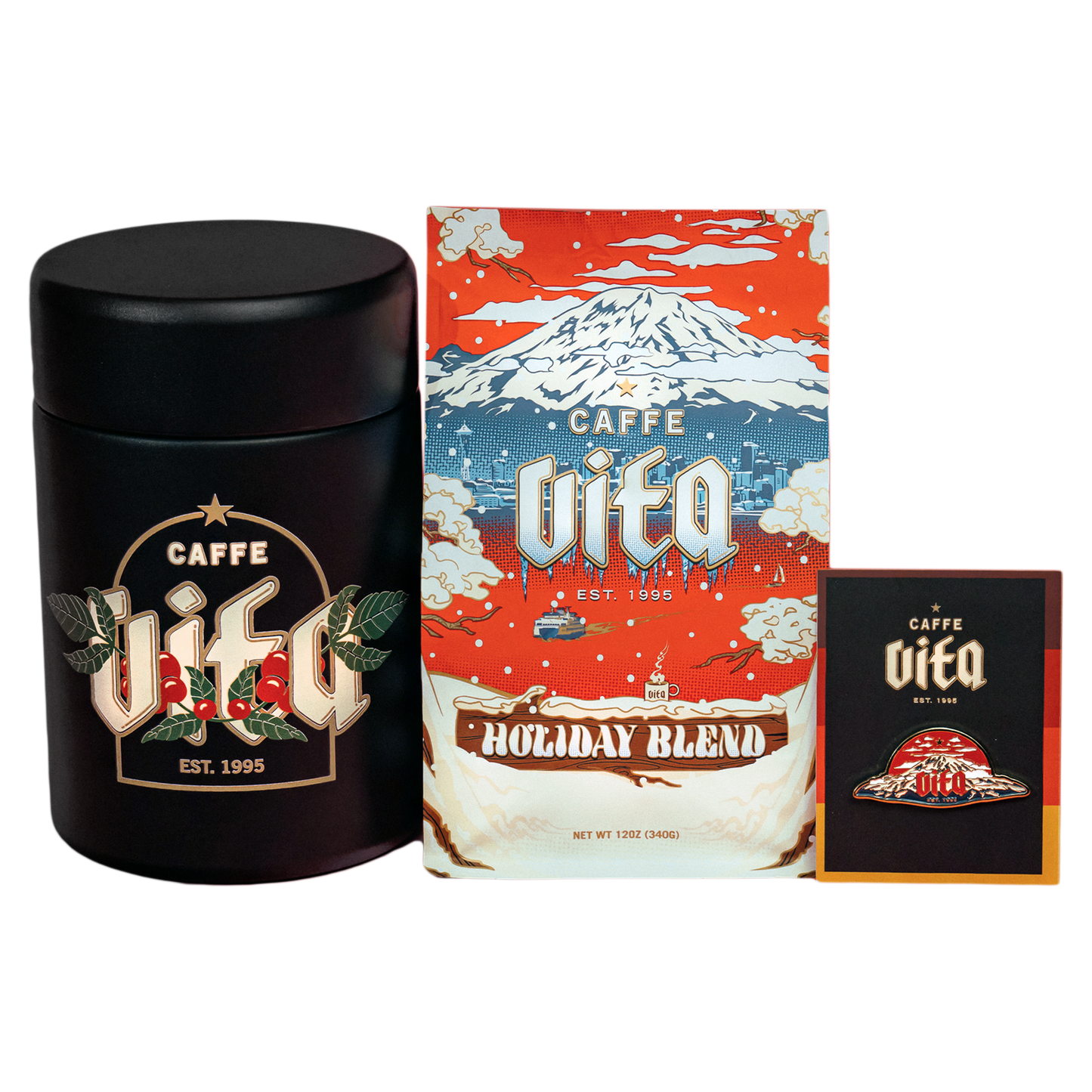 Miir Coffee Canister, Holiday blend, and mountain pin assembled, no background.