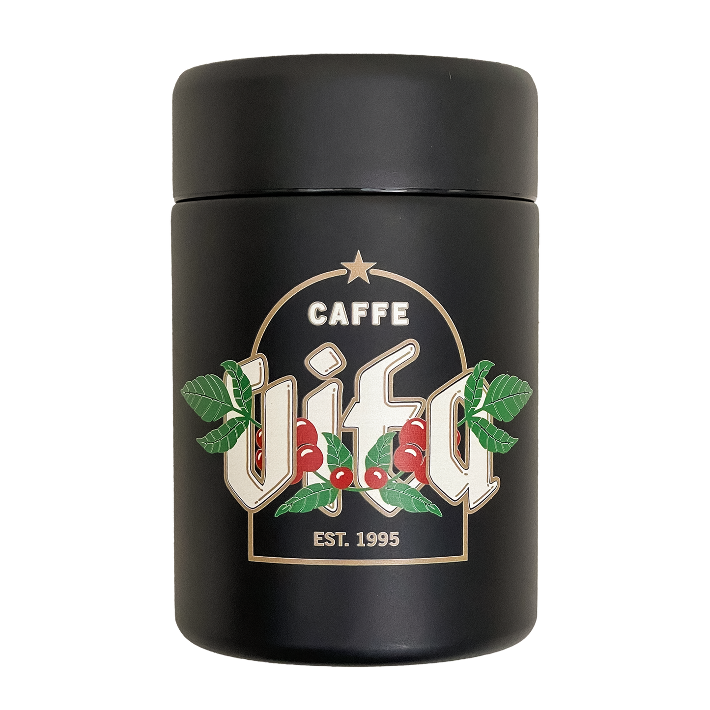 Vita x MiiR Coffee Canister in black with coffee plant motif (front).