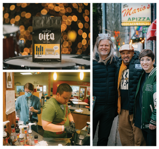 Grid of three images: 12oz bag of KEXP Blend on top of drum with lights in the background (top left), two FareStart barista students making coffee (bottom left), Vita CEO, Community Passageways CEO, and Vita Director of Coffee posing on sidewalk (right)