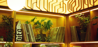 Bookshelves containing a 5lb bag of Vita coffee, various vinyls and plants with moody lighting.