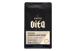 12oz bag of Organic Sumatra Gayo River front, no background.