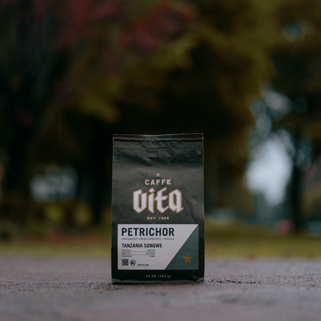 Image: 12oz Petrichor bag on wet asphalt.