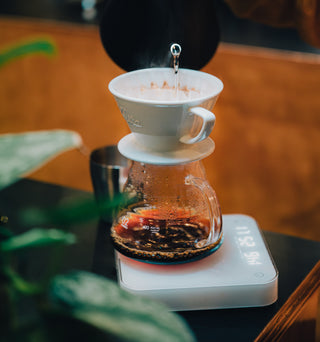Hot water being poured into a pourover on a pearl scale.
