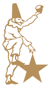 Pulcinella holding a coffee cup next to a star, in gold.