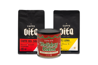 12oz bag of Caffe Del Sol, 12oz bag of Caffe Luna, and 8oz tin of Holiday Blend, no background