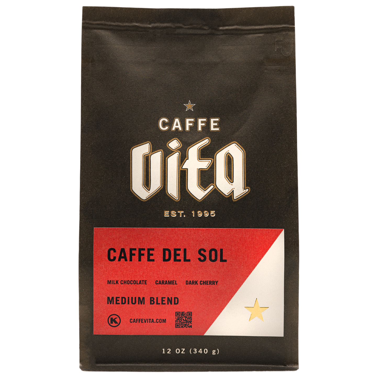 Front, 12oz Caffe Del Sol bag with red label.