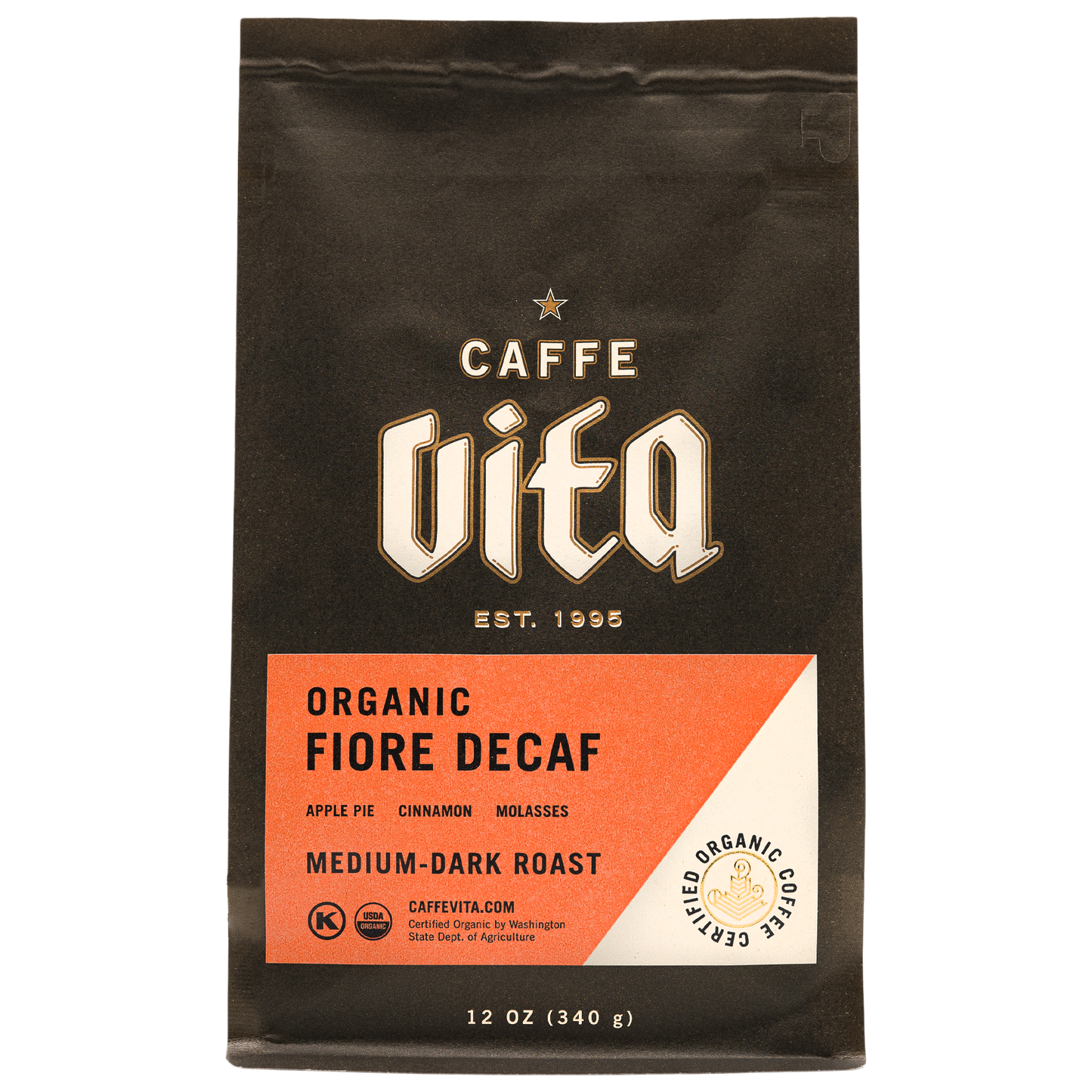 Front, 12oz Organic Fiore Decaf bag with orange label.