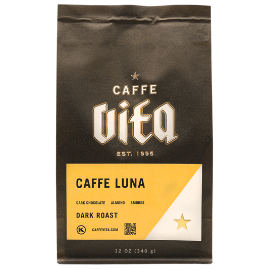 Front, 12oz Caffe Luna bag with yellow label.
