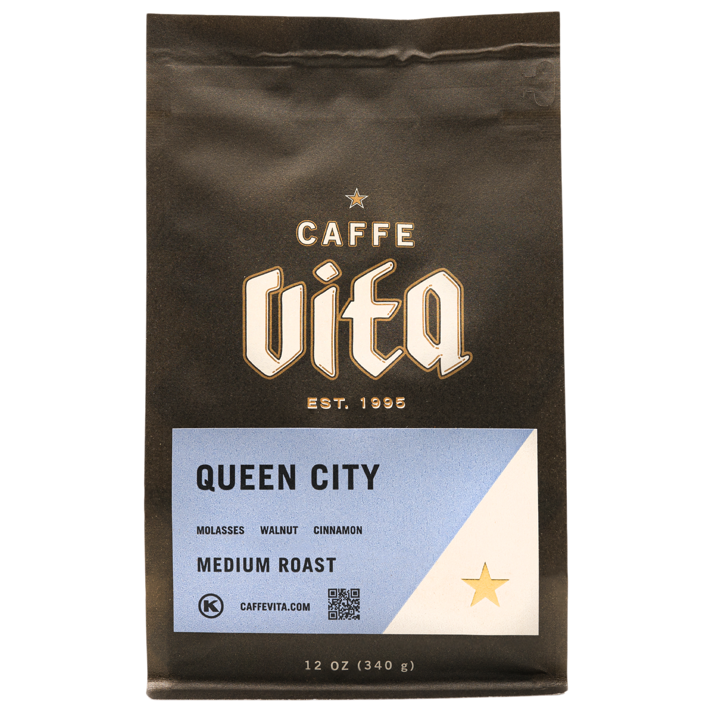 Front, 12oz Queen City bag with light blue label.