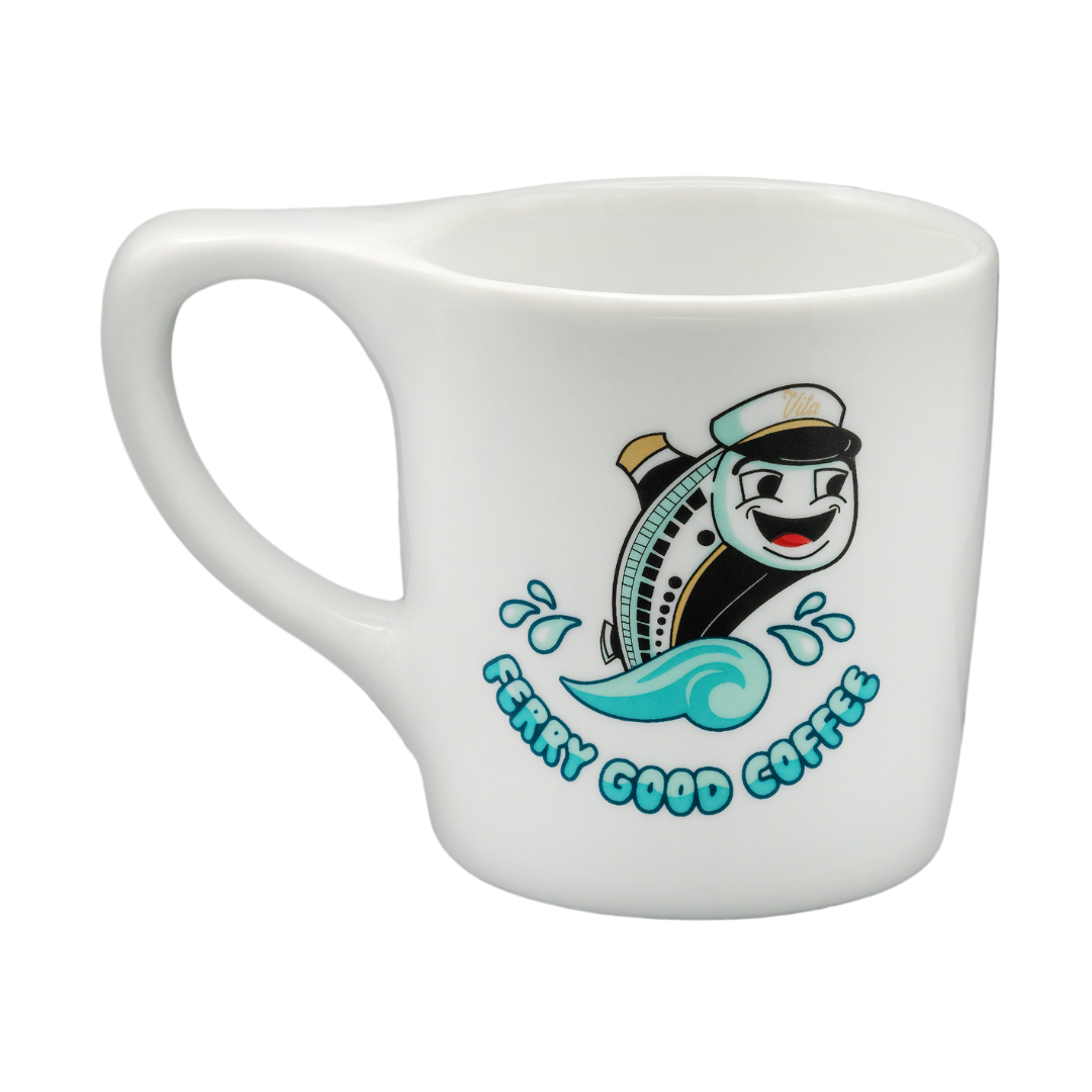 Front, white mug with cartoon ferry graphic with text "FERRY GOOD COFFEE"