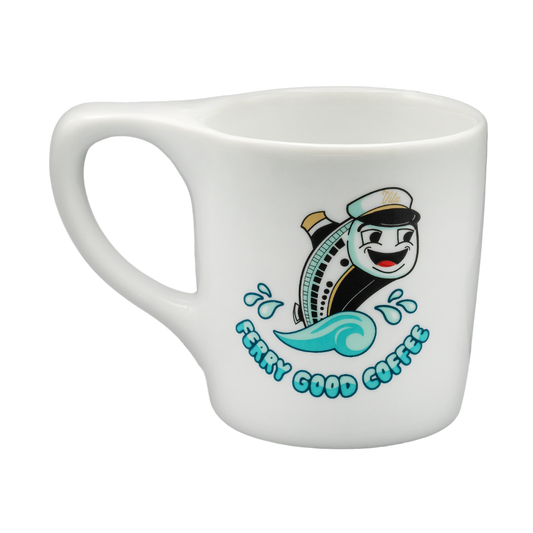 Front, white mug with cartoon ferry graphic with text "FERRY GOOD COFFEE"