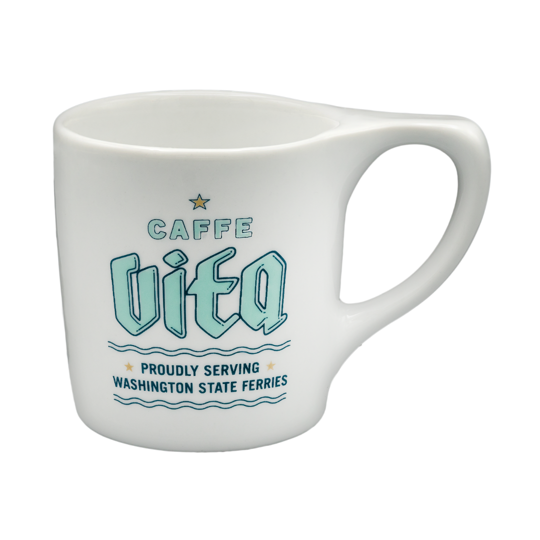 Back, white mug with text "CAFFE VITA PROUDLY SERVING WASHINGTON STATE FERRIES"