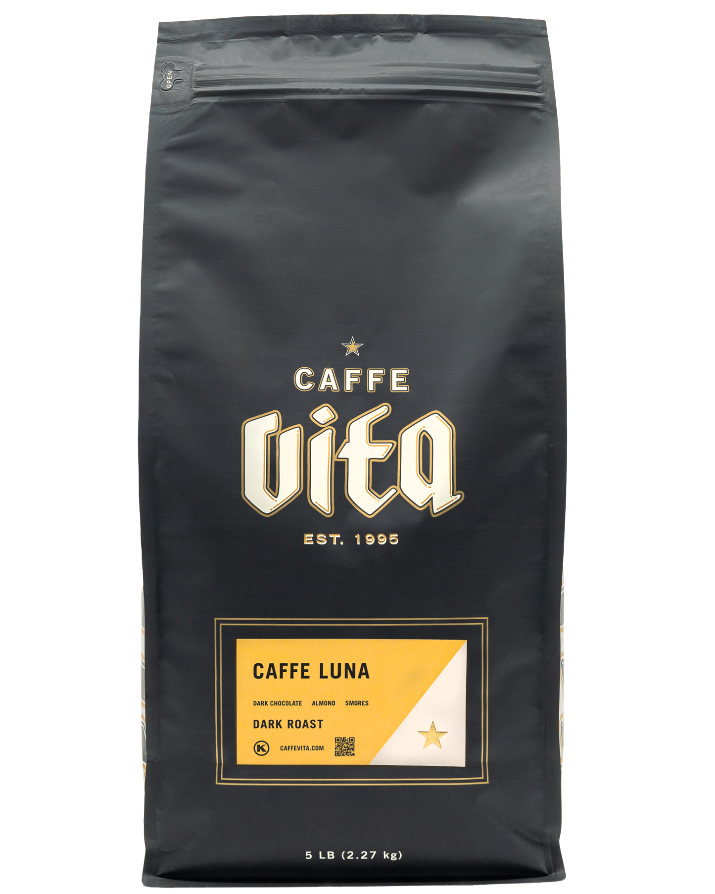 Front, 5lb Caffe Luna bag with yellow label.