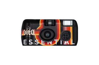 Black disposable camera, front, with Caffe Vita sunset logo and winding sunset stripes