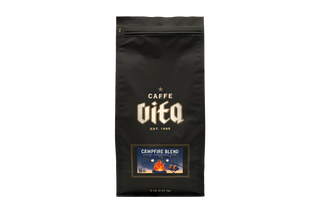 Black coffee bag labeled 'Caffe Vita' with 'Campfire Blend' 