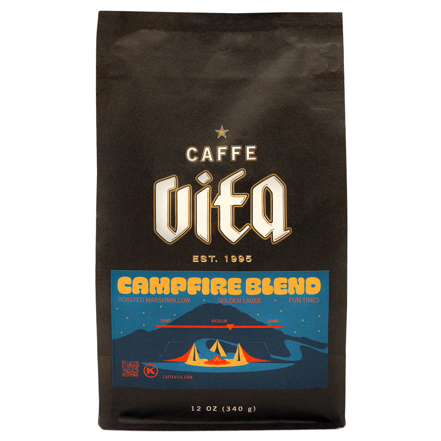 Front, 12oz bag of Campfire Blend with no background.