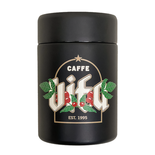 Vita x MiiR Coffee Canister in black with coffee plant motif (front).