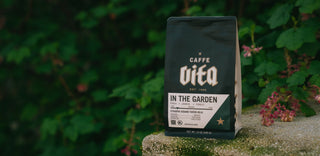 Caffe VITA coffee bag labeled 'In the Garden' on a stone surface with greenery in the background