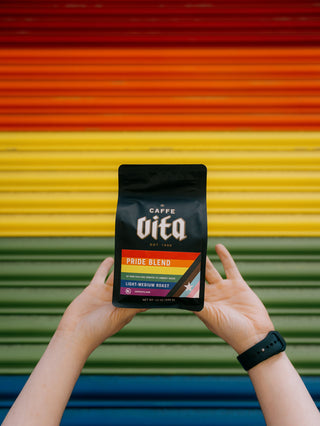 Person holding a Caffe Vita coffee bag against a colorful background