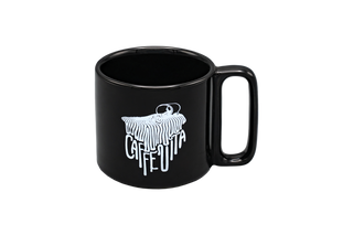 Black ceramic 10oz mug with wide handle featuring white graphic design of spilled coffee forming the words 'CAFFE VITA'