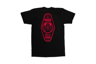 Black t-shirt, back, with red motel keychain design including double Pulcinella, Caffe Vita logo, and Come Play With Us