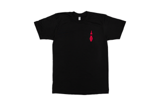 Black t-shirt, front, with red motel keychain design on left breast pocket