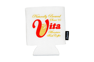 White koozie with red and gold Vita logo