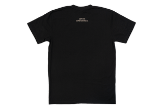 Back detail of black t-shirt hat says CAFFE VITA COFFEE ROASTING CO. on the upper back. 
