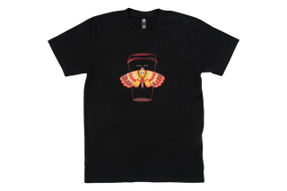 Black t-shirt with Caffe Vita moth to-go cup design on center of chest. 