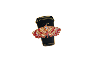 Enamel pin with disposable coffee cup with moth design that says 'CAFFE VITA'
