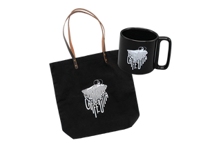 Drip Tote bag and Drip Mug juxtaposed without a background. 