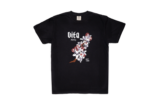 Black t-shirt, front, with coffee cherry branch and Vita NYC logo