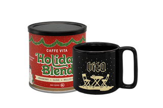 Caffe Vita Holiday Blend can and black mug.