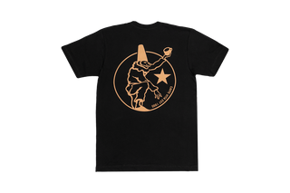 Black t-shirt, back, with cream puclinella design including cream star and Caffe Vita Est 1995