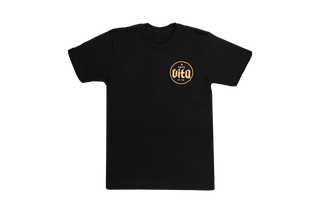 Black t-shirt, front, with cream Caffe Vita logo in circle on left breast pocket
