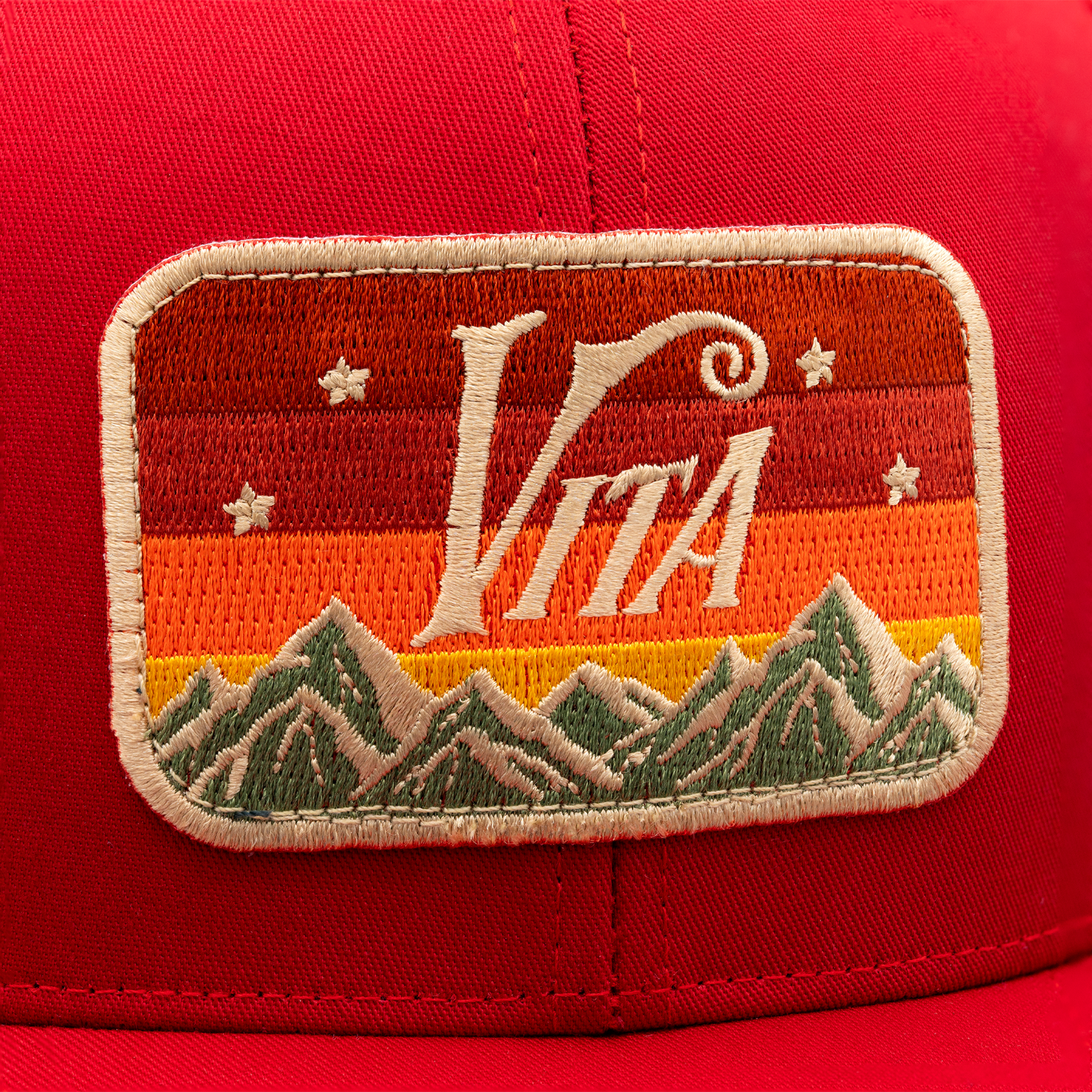 Close up detail of the Vitalogy patch on front of hat. 