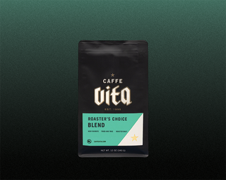12oz bag of Roaster's Choice Blend, front, on teal and black gradient background.